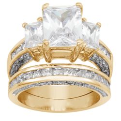 14K Gold Plated Emerald-Cut Cubic Zirconia 2-Piece Wedding Ring