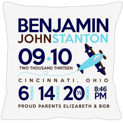 New Baby's Birth Announcement Airplane Pillow