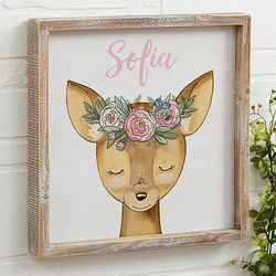 Girl's Woodland Floral Deer Personalized Rustic Wall Art