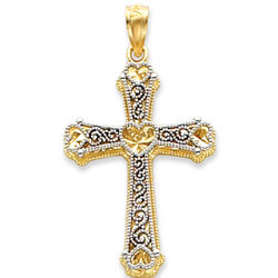 14k Two-Tone Carved Heart Cross Pendant