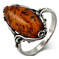 Classic Scroll Design Oval Cut Baltic Amber Silver Ring