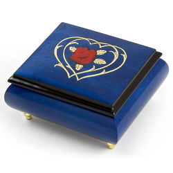 Radiant Blue Musical Jewelry Box with Double Heart and Red Rose