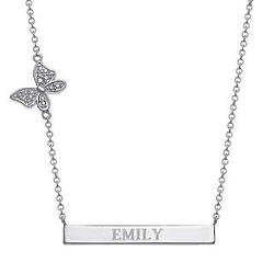 Engraved Silver Bar Necklace with Diamond Accent Butterfly