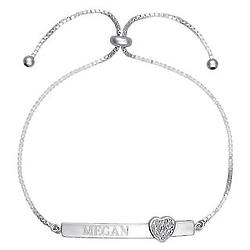 Engraved Silver Adjustable Bar Bracelet with Diamond Accent Heart