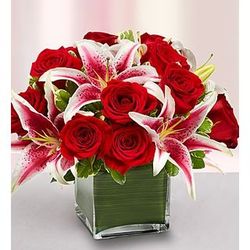 Medium Modern Embrace Red Rose and Lily Cube