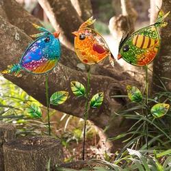 3 Colorful Glass Bird Garden Stakes
