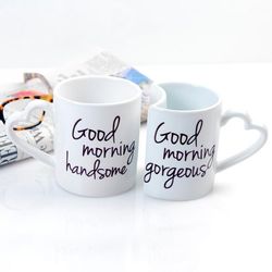 2 Good Morning Heart-Handle Coffee Mugs