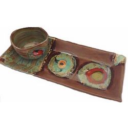 Appetizer Tray and Bowl with Brown and Turquoise Stripe Design