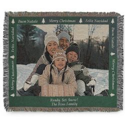 Landscape Merry Christmas Photo Blanket with Green Border