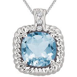 Cushion Blue Topaz and Diamond Rope Pendant in Sterling Silver