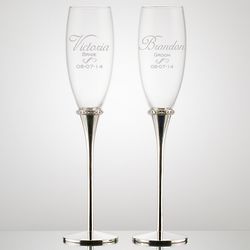 Bride and Groom Personalized Toasting Flutes with Crystal Jewels