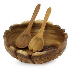 Forest Foliage Wood Salad Bowl and Serving Utensils