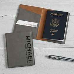 Personalized Name and Quote Passport Holder in Gray Leather