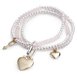 Pink and White Stretch Bracelet with Engraved Heart Charm