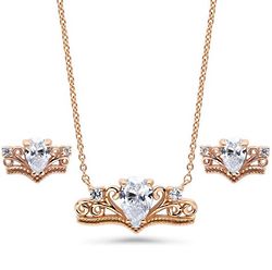 Rose Gold and CZ Crown Filigree Milgrain Necklace and Earrings