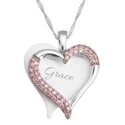 Engraved Brushed Heart and Pink Cubic Zirconia Swing Necklace