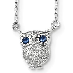 Sterling Silver Owl Necklace with Synthetic Blue Sapphire Eyes