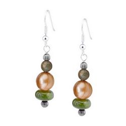Aurora Gold Pearl, Nephrite and Green Turquoise Dangle Earrings