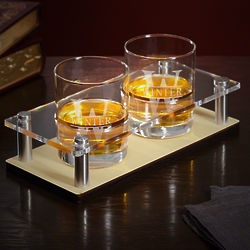 Personalized Oakmont Whiskey Tray and Rocks Glasses