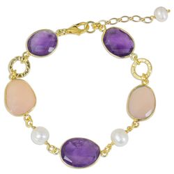 Gold-Plated Amethyst, Rose Quartz & Cultured Pearl Link Bracelet