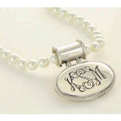 Oval Braided Monogram Pendant on Pearl Necklace
