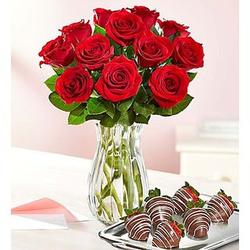 Red Roses with Chocolate Covered Strawberries