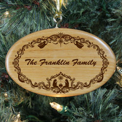 Engraved Family Nativity Christmas Wooden Oval Ornament