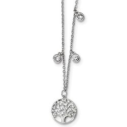 Sterling Silver Tree of Life Necklace with Cubic Zirconia Drops
