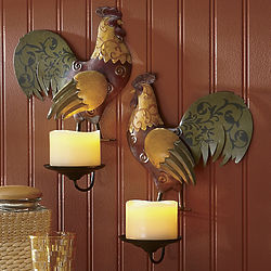 Metal Rooster Wall Sconces Set