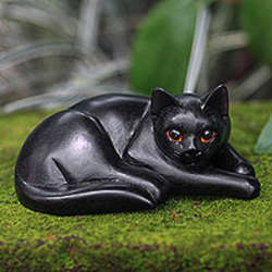 Lazy Black Cat Wood Sculpture