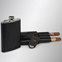 Personalized Flask, Triple Cigar Case and Cutter Set