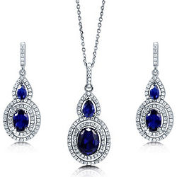 Oval Cut Simulated Sapphire Silver Double Halo Jewelry Set