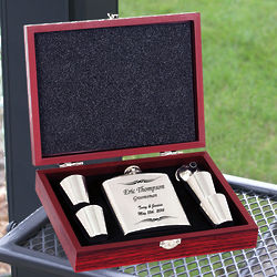 6-Piece Engraved Silver Flask Set in Rosewood Presentation Box