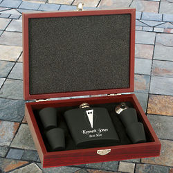 Engraved Six Piece Black Flask Set In Rosewood Case