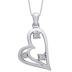 Three Stone Diamond Slanting Heart Pendant Necklace in Silver