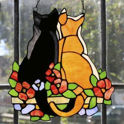 Stained Glass Cuddling Cats Window Panel