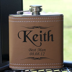 Personalized Flask with Light Brown Leather Wrap
