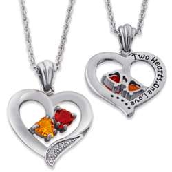 Silvertone Couple's Birthstone Heart Pendant with Diamond Accent