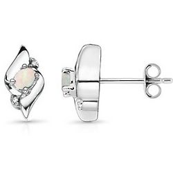 Oval Cabochon Opal and Diamond Shell Earrings