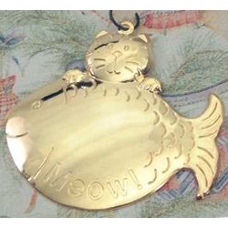 Goldtone Personalized Kitty with Fish Ornament