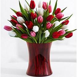 30 Sweetheart Tulips with Ruby Gathering Vase & Chocolates