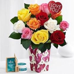12 Long-Stemmed Valentine's Roses with Vase, Love Pick & Spa Set