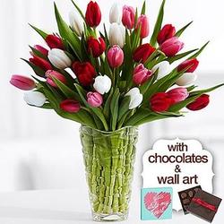 Sweetheart Tulips with Chocolates & Wall Art
