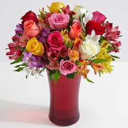 Deluxe Smiles & Sunshine Bouquet with Cherry Vase & Chocolates