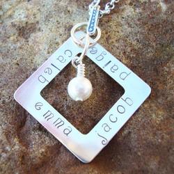 Square Family Love Hand Stamped Necklace in Sterling Silver