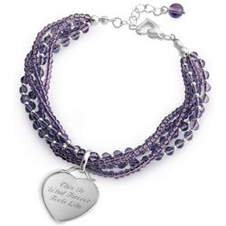 Engravable Heart Charm 5 Strand Purple Glass Bead Bracelet