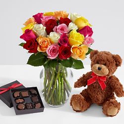 2 Dozen Rainbow Roses with Ginger Vase, Chocolates & Teddy Bear