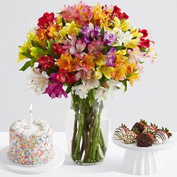 100 Blooms with 6 Fancy Berries and Petite Birthday Cake