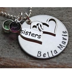 Sisters Heart Hand Stamped Necklace with Birthsone Charms