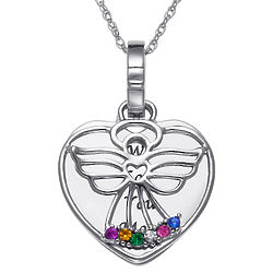Personalized Sterling Silver Heart with Birthstone Angel Necklace